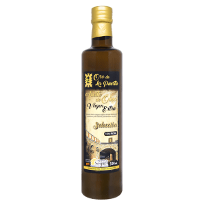 Botella de aceite de oliva virgen extra Oro de la puerta